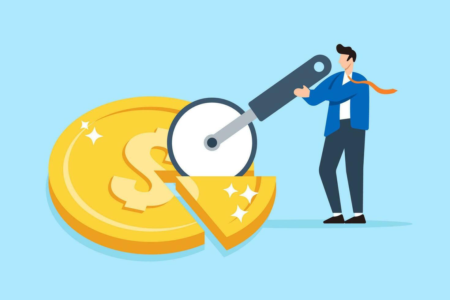 Businessman split golden dollar coin with pizza cutter in flat design vector