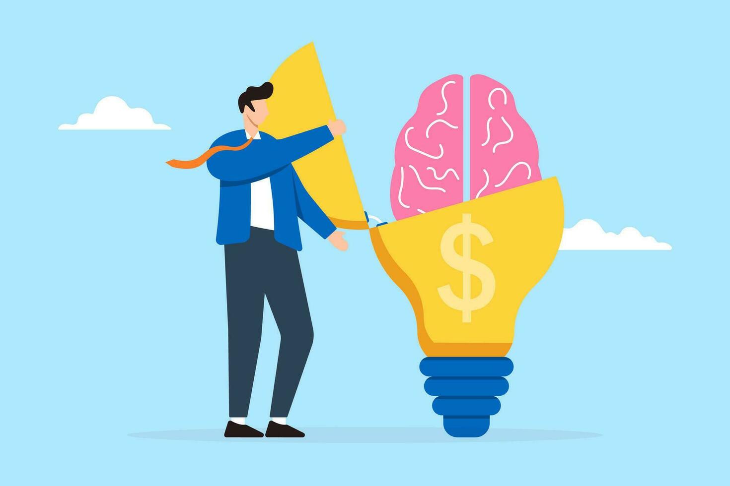 Businessman open light bulb idea with dollar symbol in flat design vector