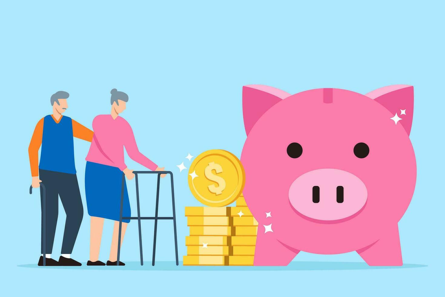 Elderly couple stands with stack dollar coins and pink piggy bank in flat design vector