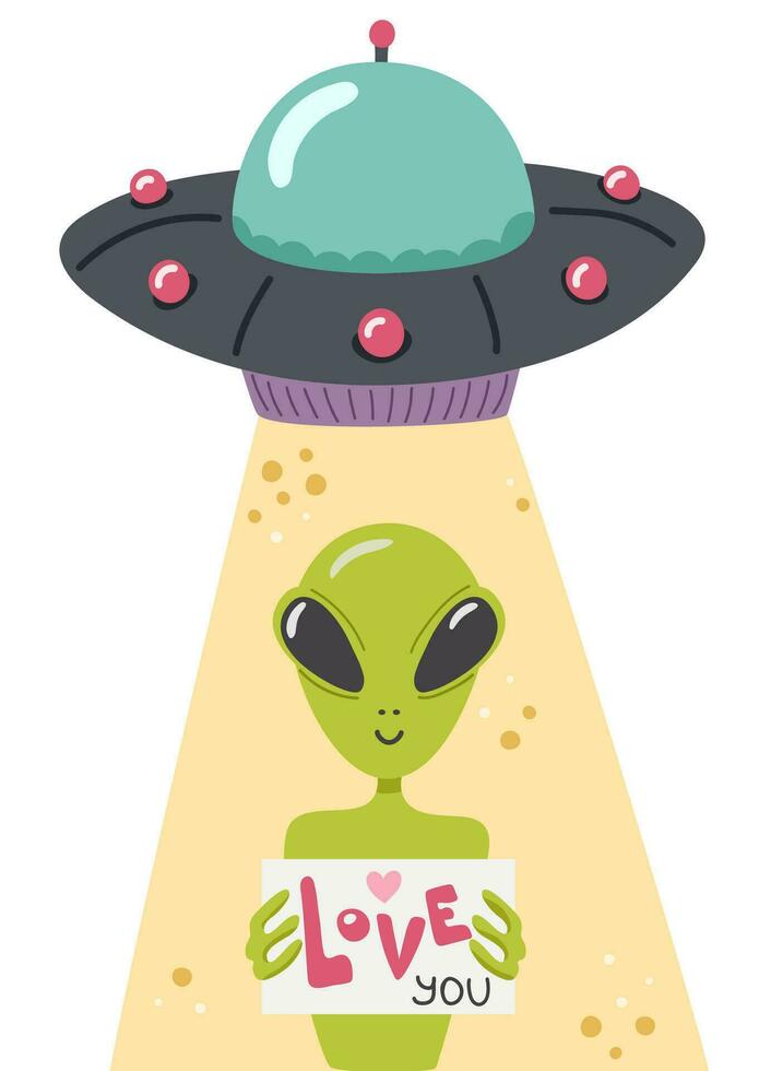 An alien is holding a sign that style I love you. Cartoon target. Vector illustration