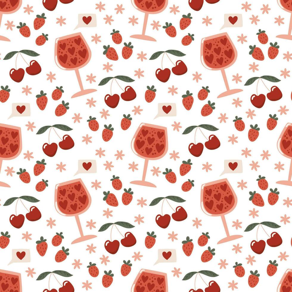 Cherries, strawberries, wine, love, Valentine's day. Cartoon style. Seamless pattern vector
