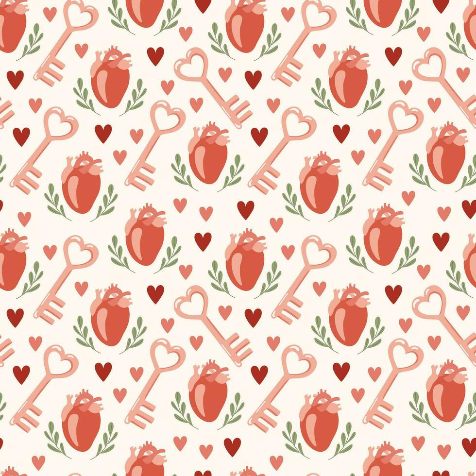 Organ heart, love, key, valentine's day. Cartoon style. Seamless pattern vector
