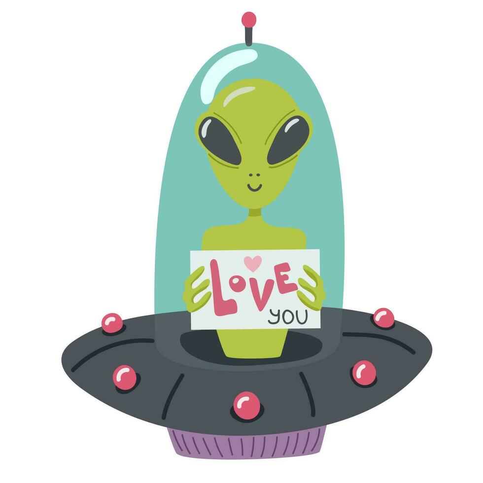 un extraterrestre sostiene un firmar con un declaración de amar, OVNI. dibujos animados estilo. vector ilustración