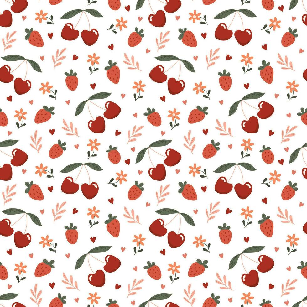 Cherries, strawberries, love, Valentine's day. Cartoon style. Seamless pattern vector