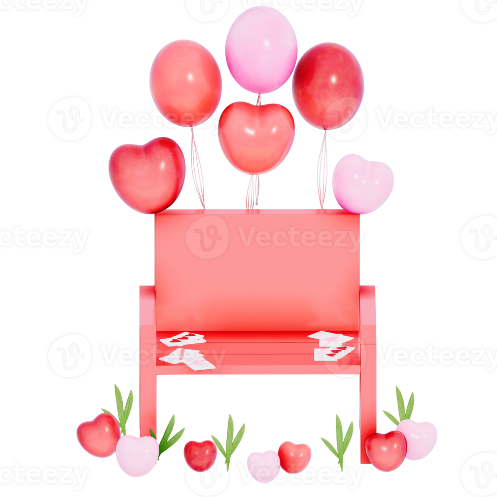 Valentine decoration tiny Love Chair with Miniature Heart Balloon Bouquet on a transparent background, 3D rendering png