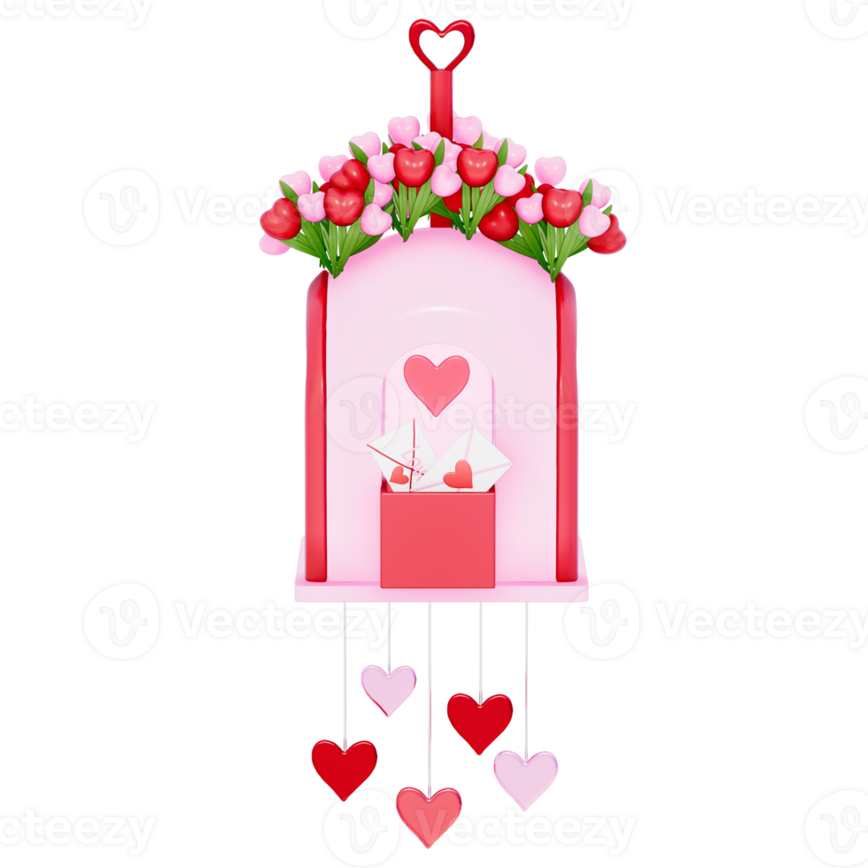 San Valentino cassetta postale con a forma di cuore vento carillon su un' trasparente sfondo, 3d interpretazione png
