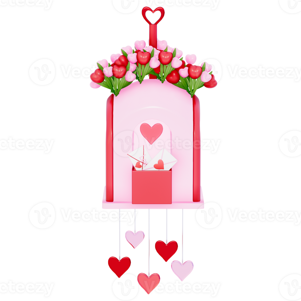 Valentine mailbox with Heart-Shaped Wind Chimes on a transparent background, 3D rendering png