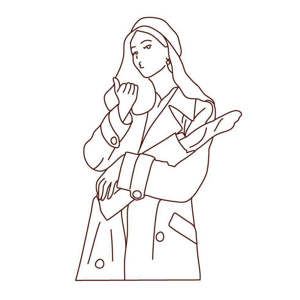 Hand drawn girl and baguette. vector