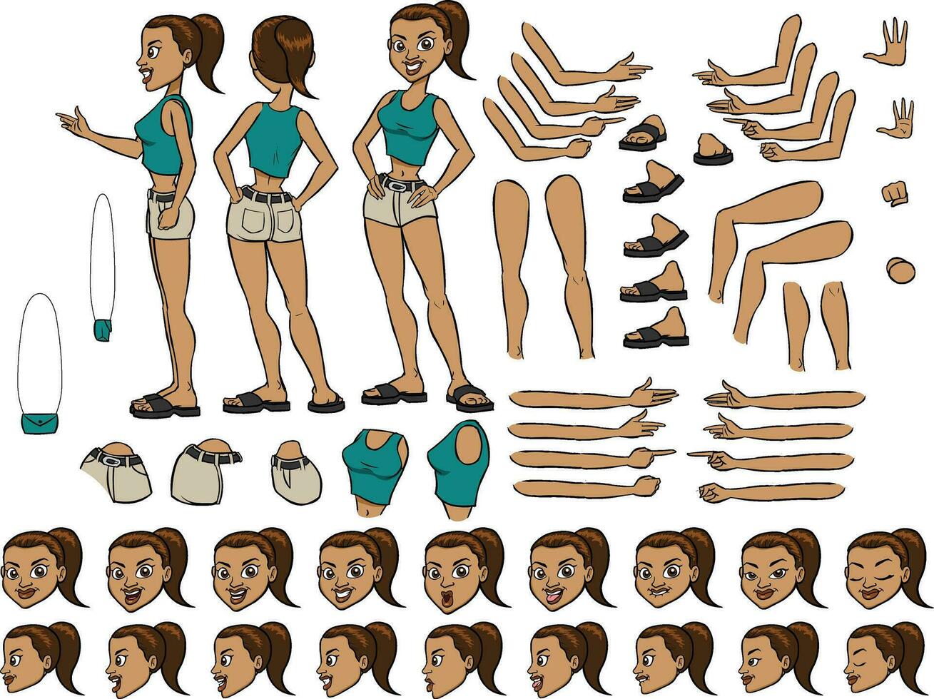 joven dama personaje constructor. de moda niña creación colocar. diferente mujer posturas, peinado, rostro, piernas, manos, ropa, accesorios recopilación. vector dibujos animados ilustración. frente, lado, espalda ver