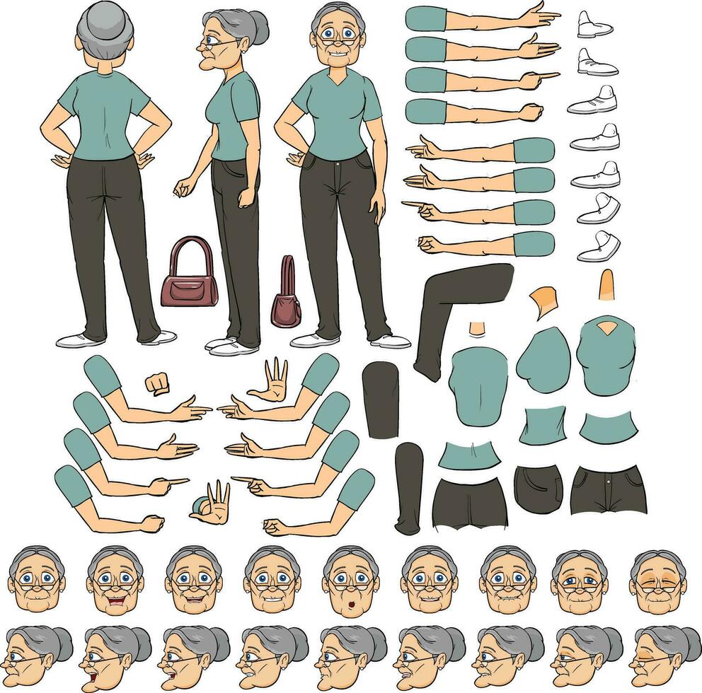 Front, side, back view animated character. Elderly woman character creation set with various views, hairstyles, face emotions, poses and gestures. Cartoon flat vector illustration.