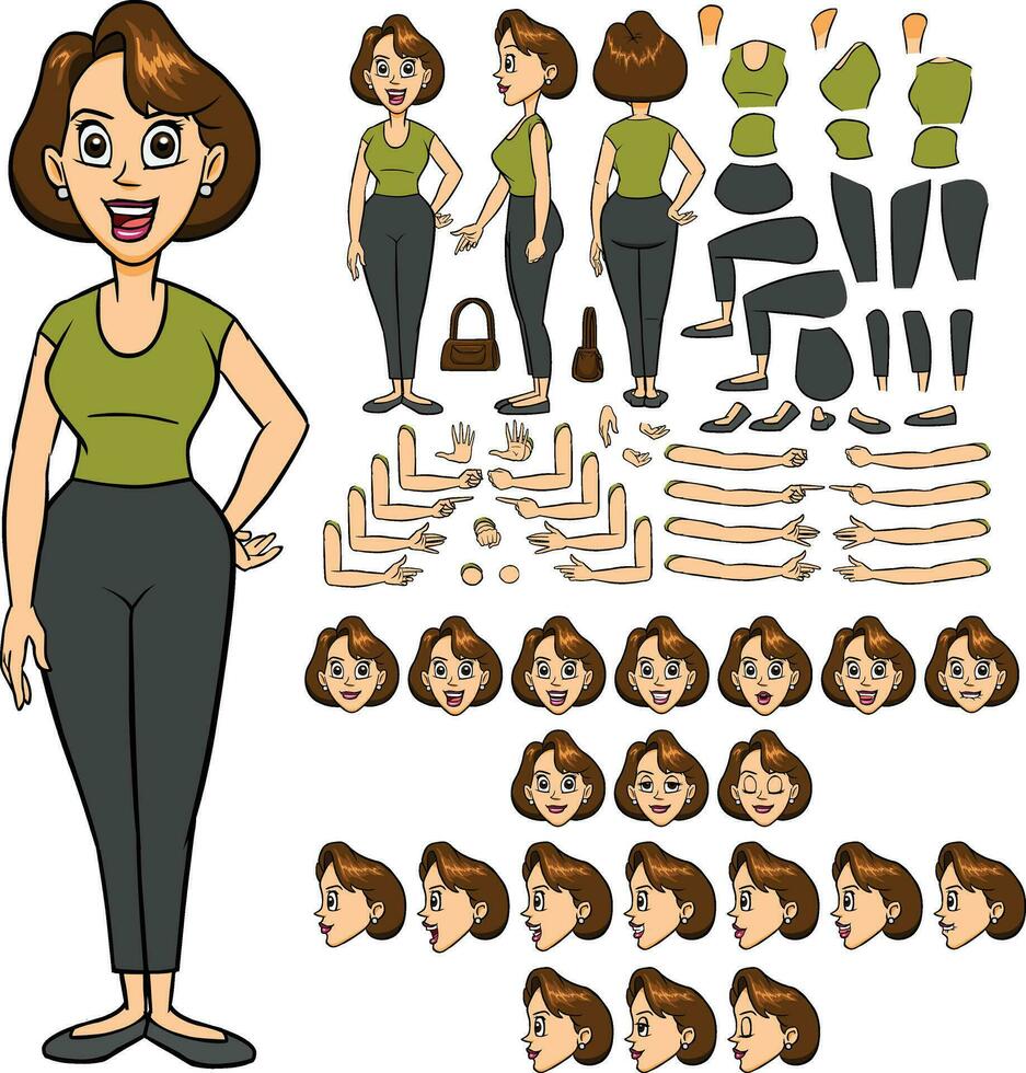 Young lady character constructor. Trendy girl creation set. Different woman postures, hairstyle, face, legs, hands, clothes, accessories collection. Vector cartoon illustration. Front, side, back view