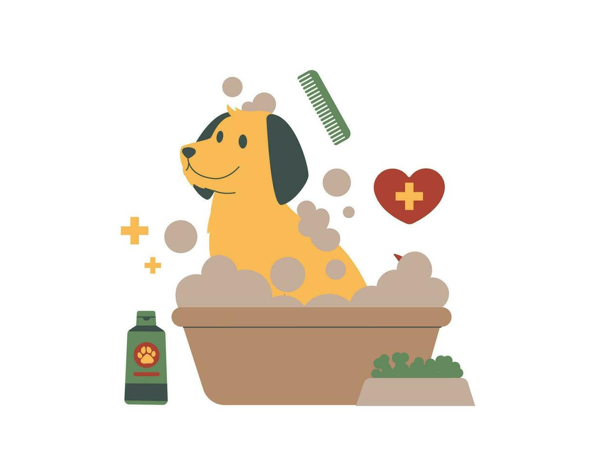 linda perro tomando un bañera en el baño. plano estilo vector ilustración para animal Fomentando y adopción