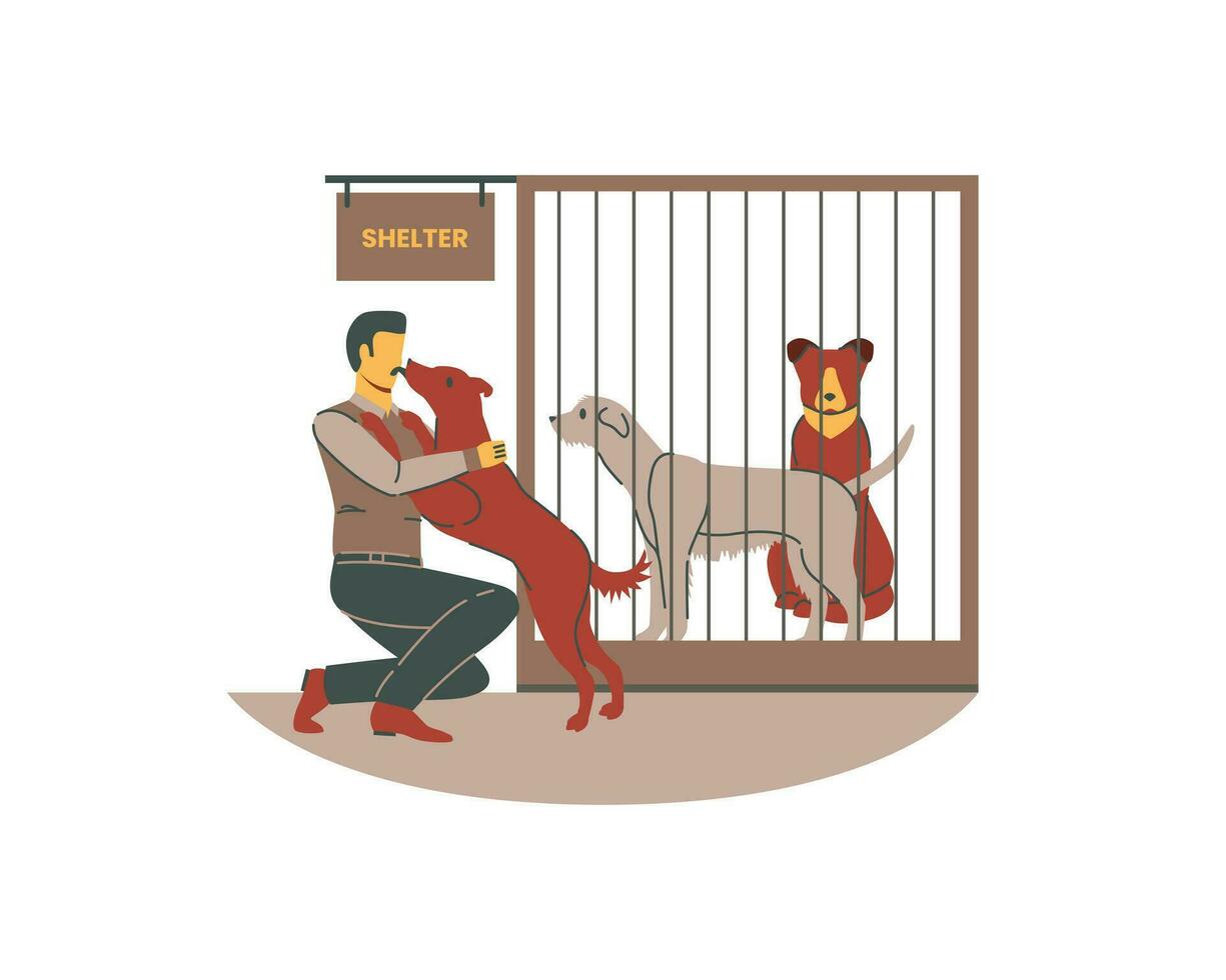 Caged dog with owner in animal shelter. Flat vector illustration.
