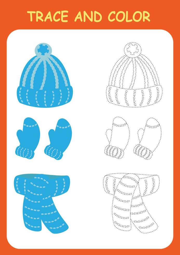 Trace and color the clothes, hat, scarf and mittens. Coloring book for preschool children. Handwriting practice. vector