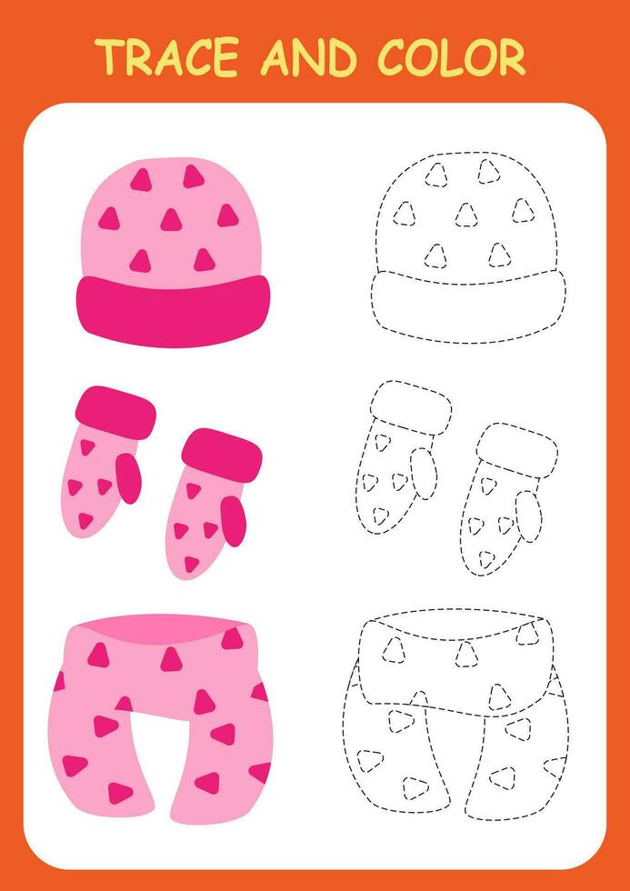 rastro y color el ropa, sombrero, bufanda y mitones. colorante libro para preescolar niños. escritura práctica. vector