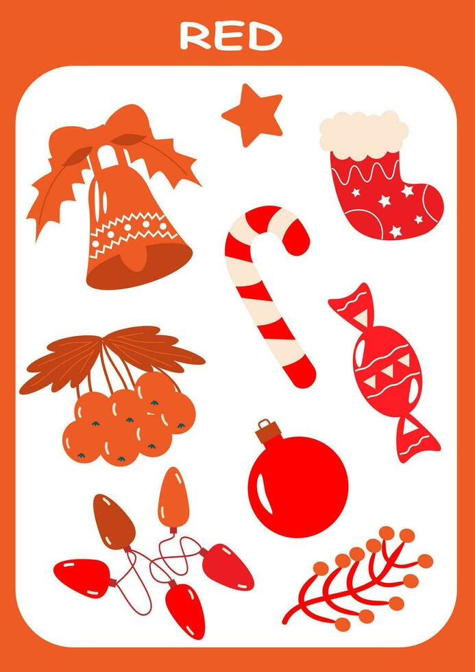 Red color. Learning colors for children. Christmas elements. Education. Vector illustration