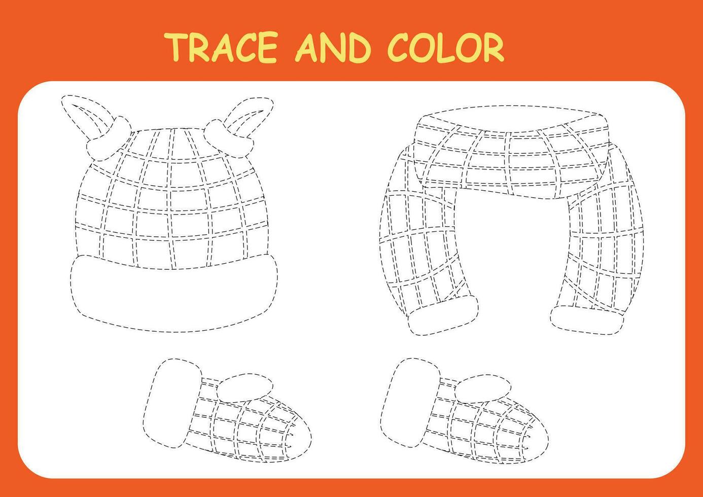 Trace and color the clothes, hat, scarf and mittens. Coloring book for preschool children. Handwriting practice. vector