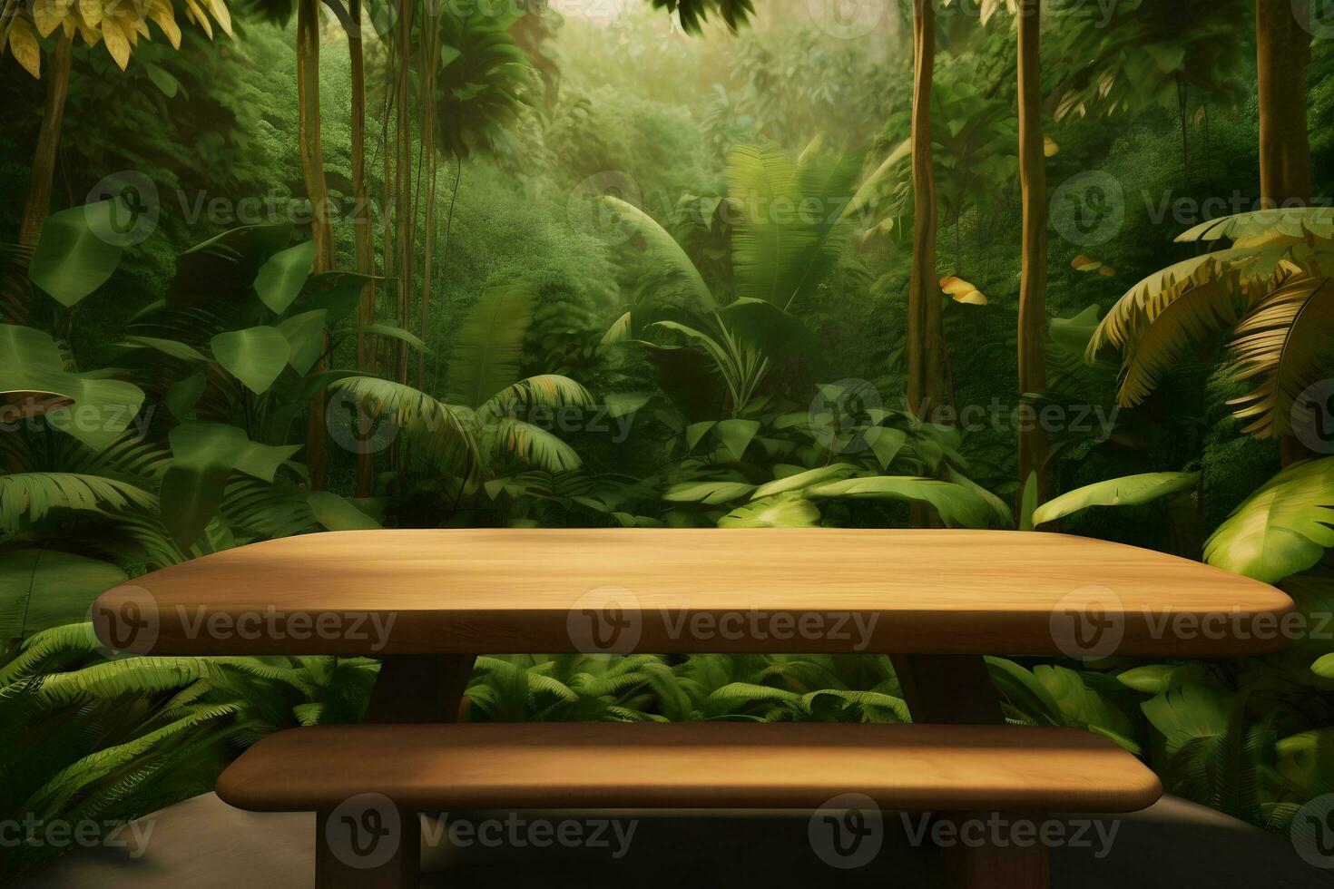 AI generated Jungle table background. Interior table for a cosmetic item against the backdrop of tropical plants, palms and jungle. Neural network AI generated photo