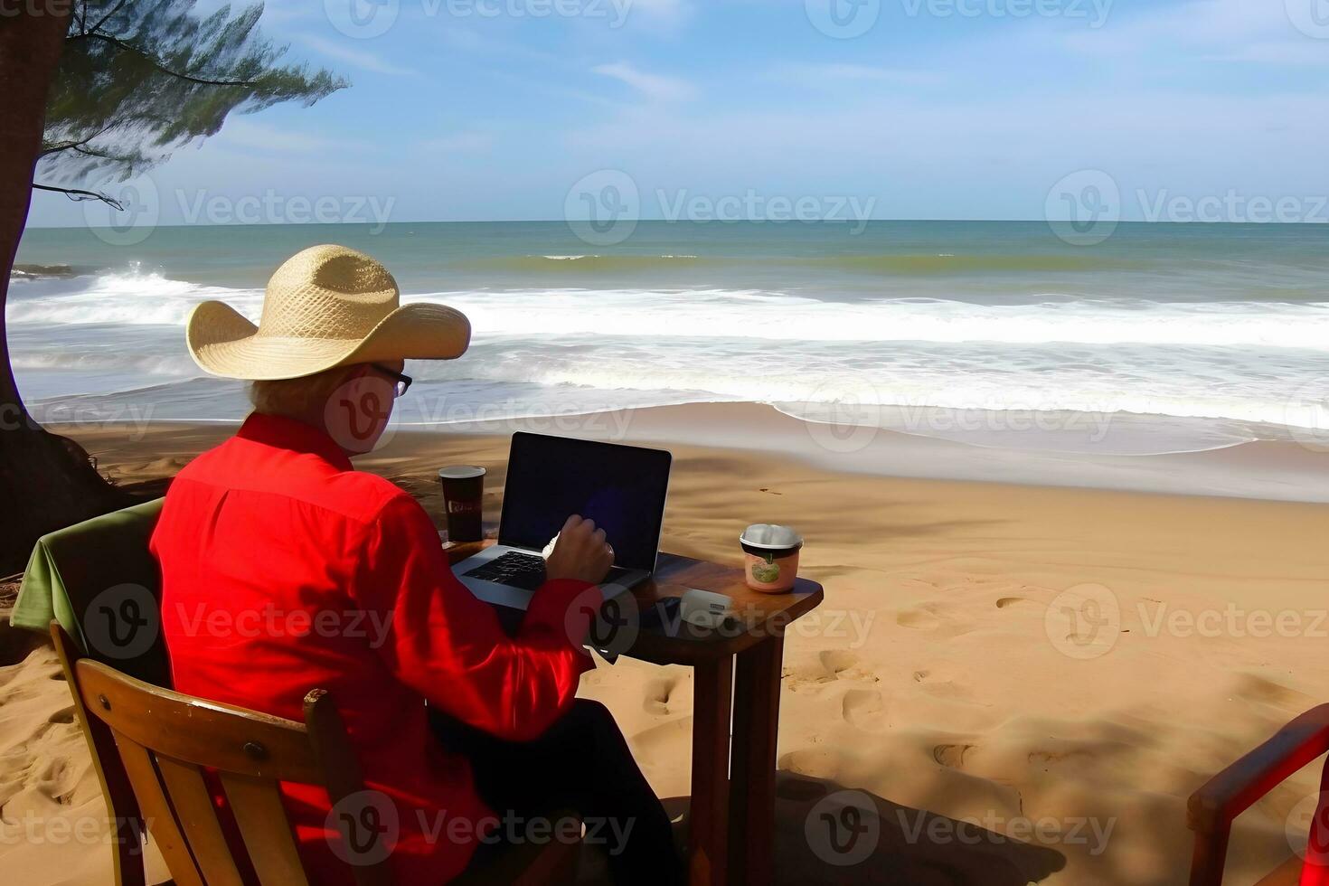 AI generated Man working with laptop in deck chair on beach. Neural network AI generated photo