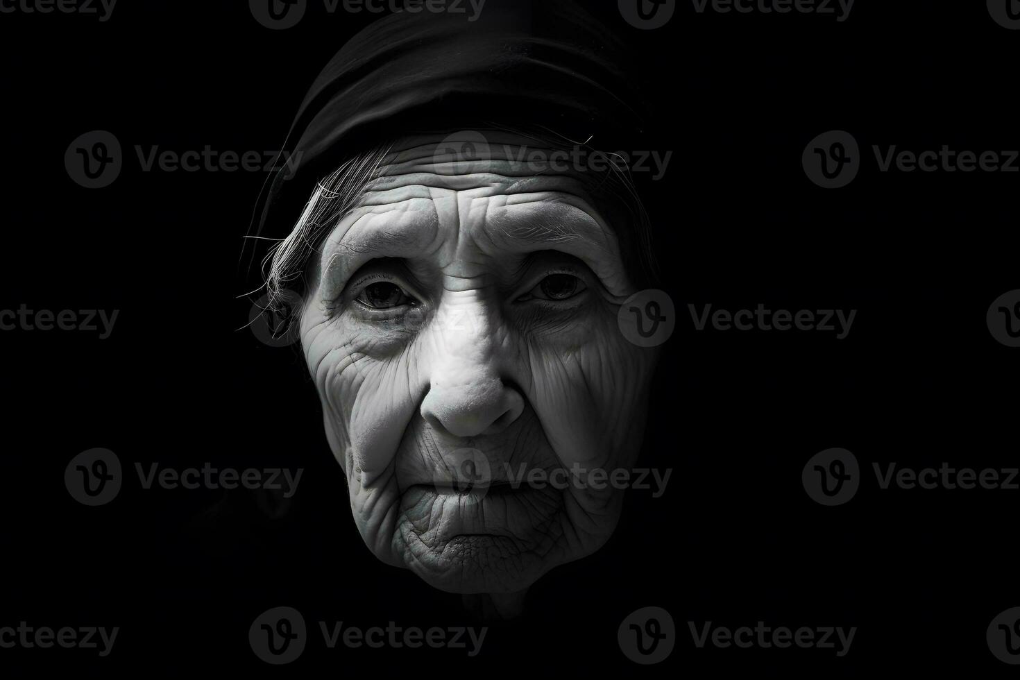 AI generated Portrait of Jewish old woman with a scarf on her head. Neural network AI generated photo