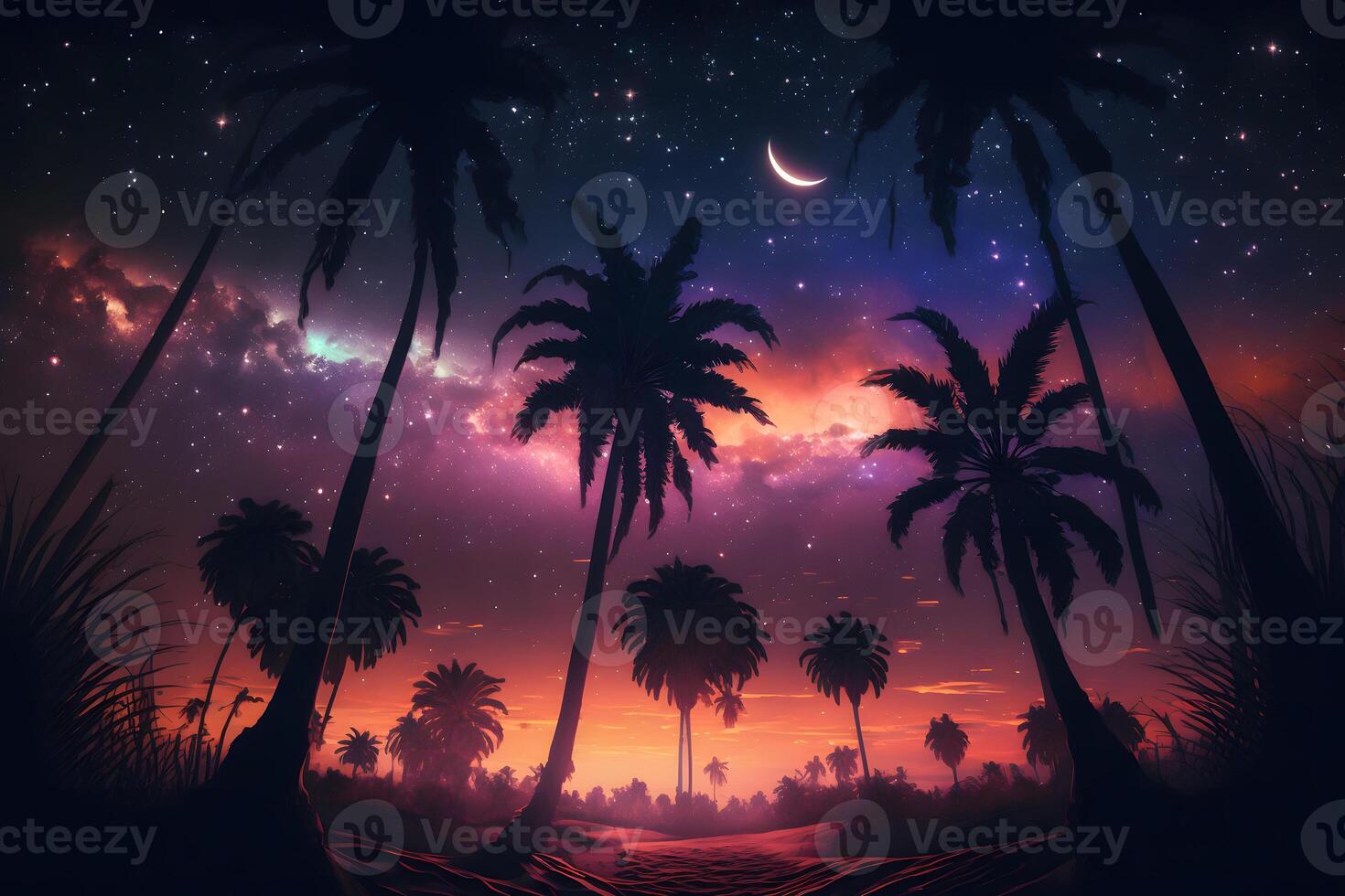 AI generated Fantasy futuristic night landscape with palm trees. Neural network AI generated art photo