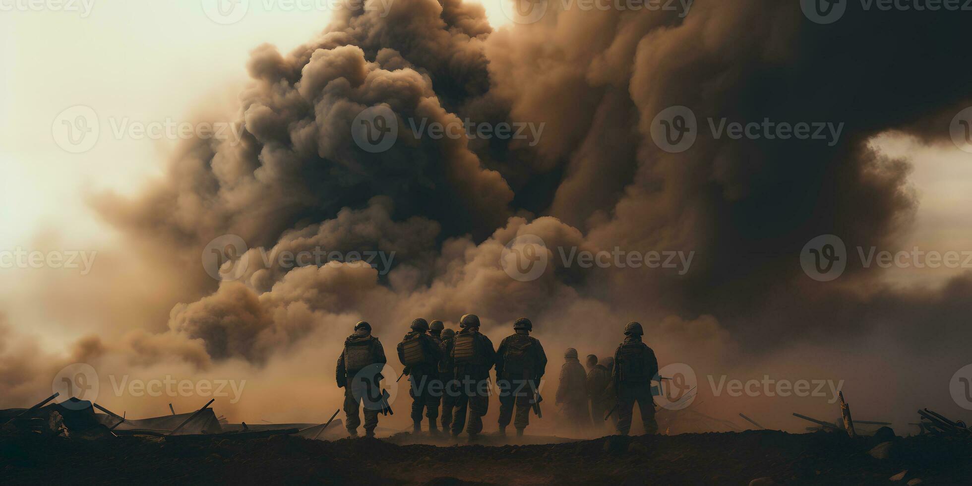 AI generated War Concept. Military silhouettes fighting scene on war fog sky background photo