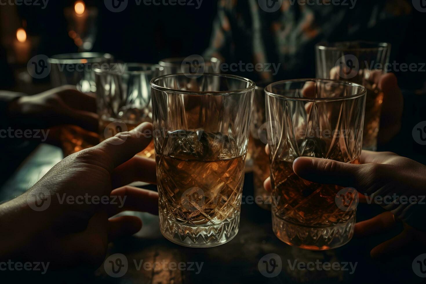 AI generated Group of friends enjoying alcohol drinks. Young people hands cheering at bar restaurant. Neural network AI generated photo