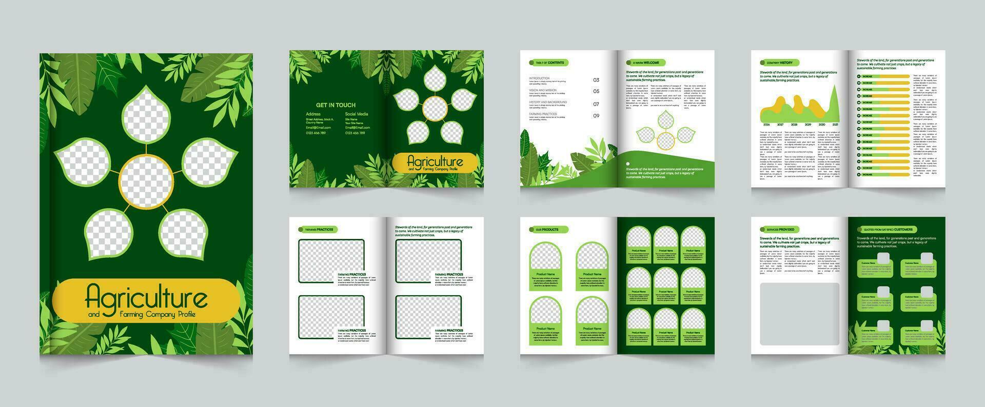 12 pages Farming and agricultural company profile brochure template and organic farming company profile brochure design, agricultural business company profile brochure design vector
