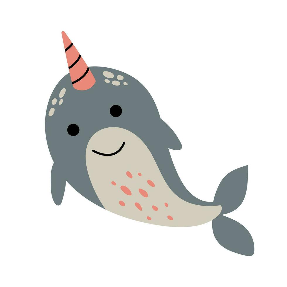 Cute hand drawn narwhal. White background, isolate vector