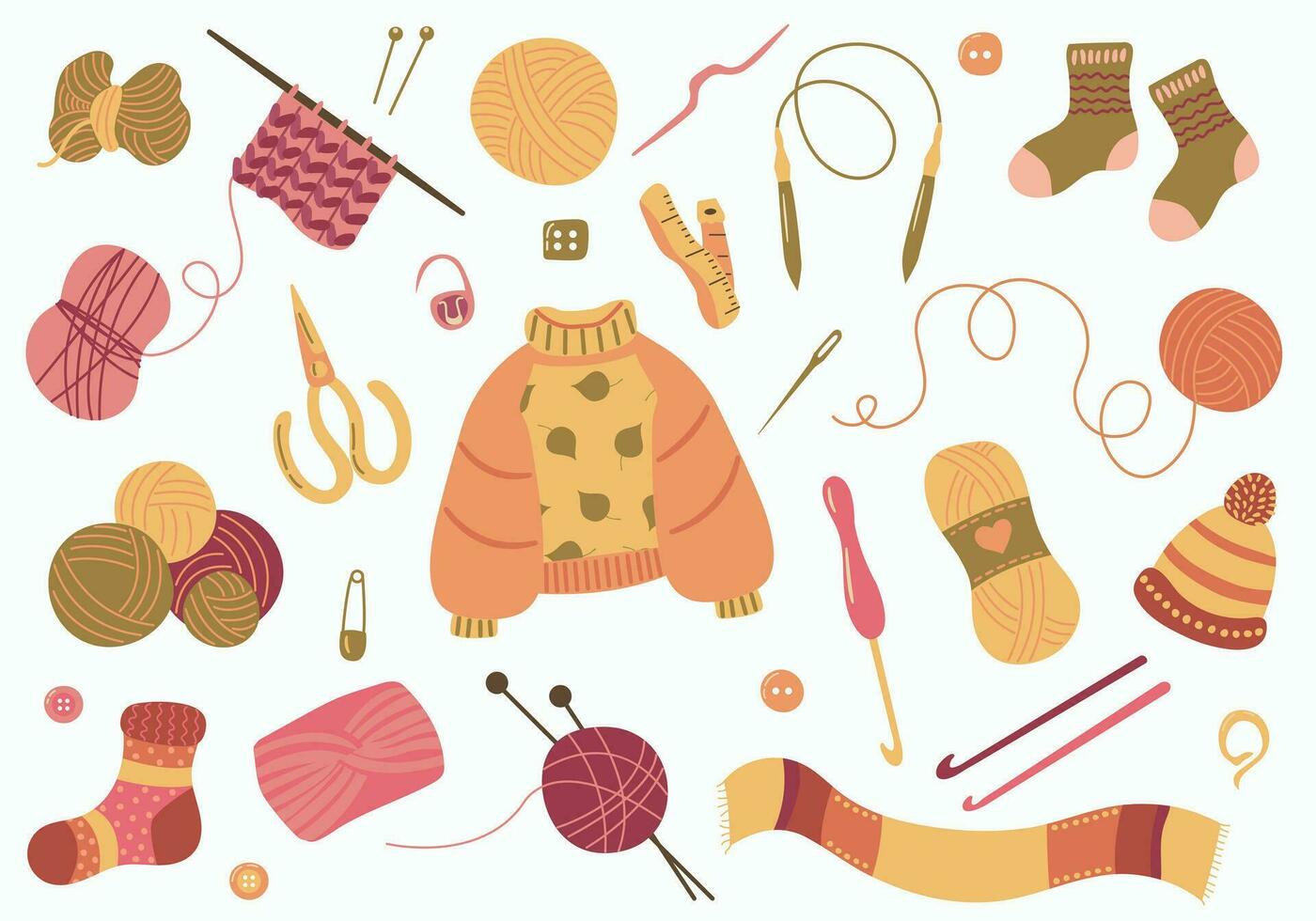 Sewing kit. Knitted clothes, threads, knitting needles, crochet hook, scissors. vector