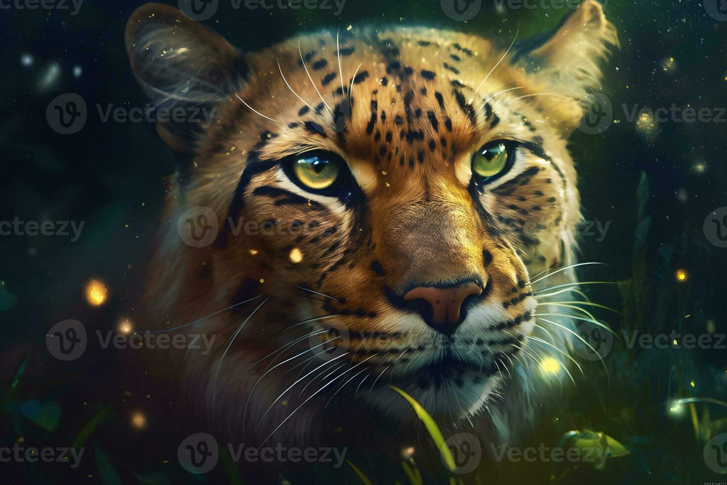 AI generated leopard portrait close up on dark background. Neural network AI generated photo