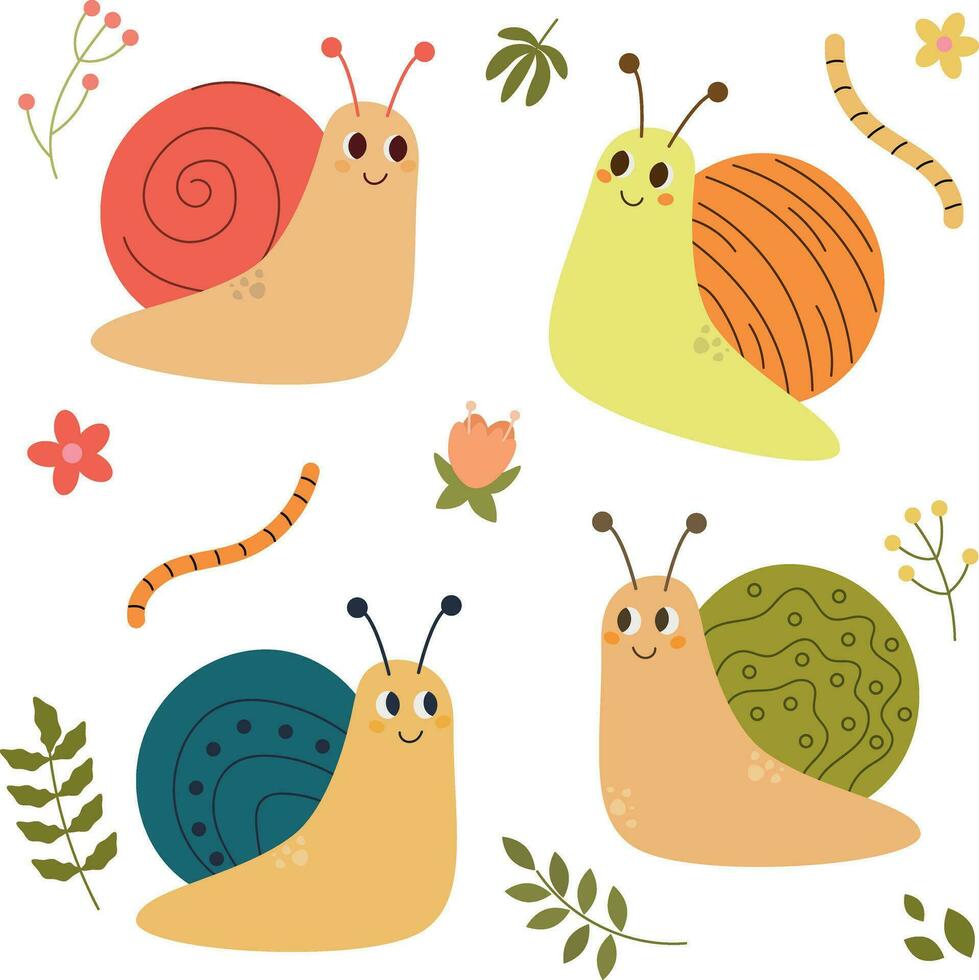Set of children's cartoon and snails, cute colorful snails, flowers and plants vector
