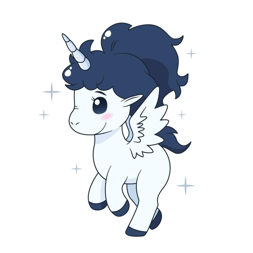 Cute cartoon unicorn with wings and stars. isolated vector illustration with magic animal on white background. Flat art for print, posters, covers and etc.