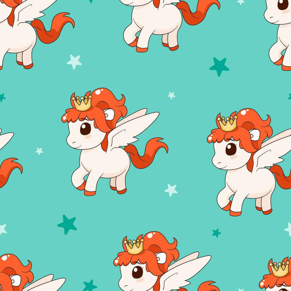 Seamless pattern with cute magic pony and crown. Repeated tile with cartoon characters on backdrop. Childish vector design for fabric, print, wrapper, textile, print for kids.