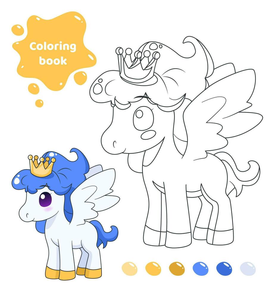 Coloring book for kids. Worksheet for drawing with cartoon pony with crown. Cute animal with wings. Coloring page with color palette for children. Vector illustration.