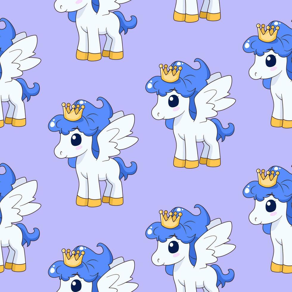 Seamless pattern with cute magic pony and crown. Repeated tile with cartoon characters on violet backdrop. Childish vector design for fabric, print, wrapper, textile, print for kids.