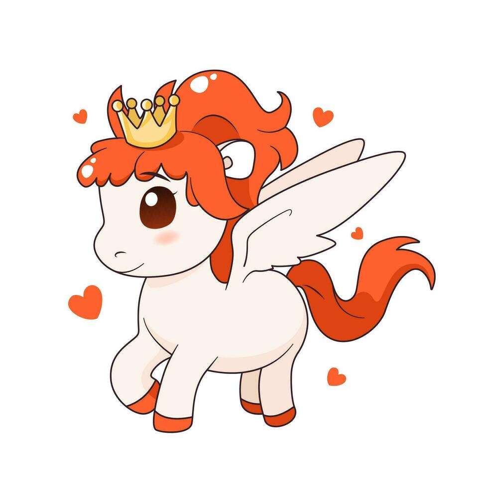 Cute cartoon pony with wings, crown and hearts. isolated vector illustration with magic animal on white background. Flat art for print, posters, covers and etc.