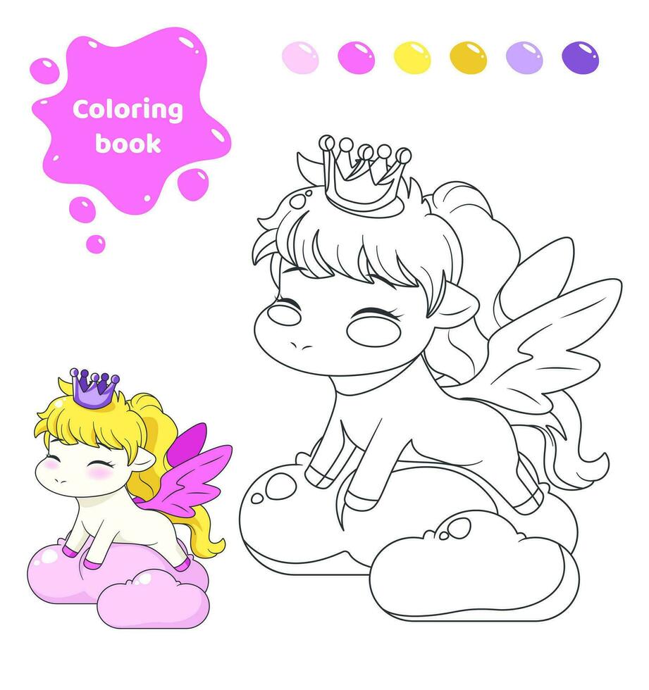 Coloring book for kids. Worksheet for drawing with cartoon pony with crown on clouds. Cute animal with wings. Coloring page with color palette for children. Vector illustration.