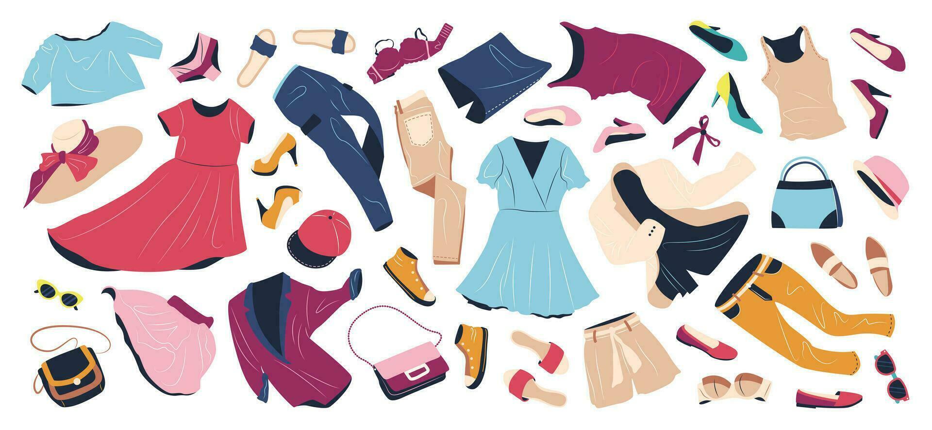 Set of fashion clothes for women. Casual garments and accessories for spring and summer. Jacket, bags, shoes, trousers, dress, hats flying. Flat vector illustrations isolated on white background.