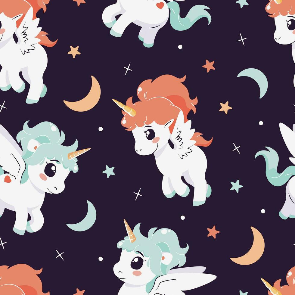 sin costura modelo con magia unicornios, estrellas, Luna. vector loseta con dibujos animados personaje para infantil imprimir, envoltura, textil, imprimir, tela.