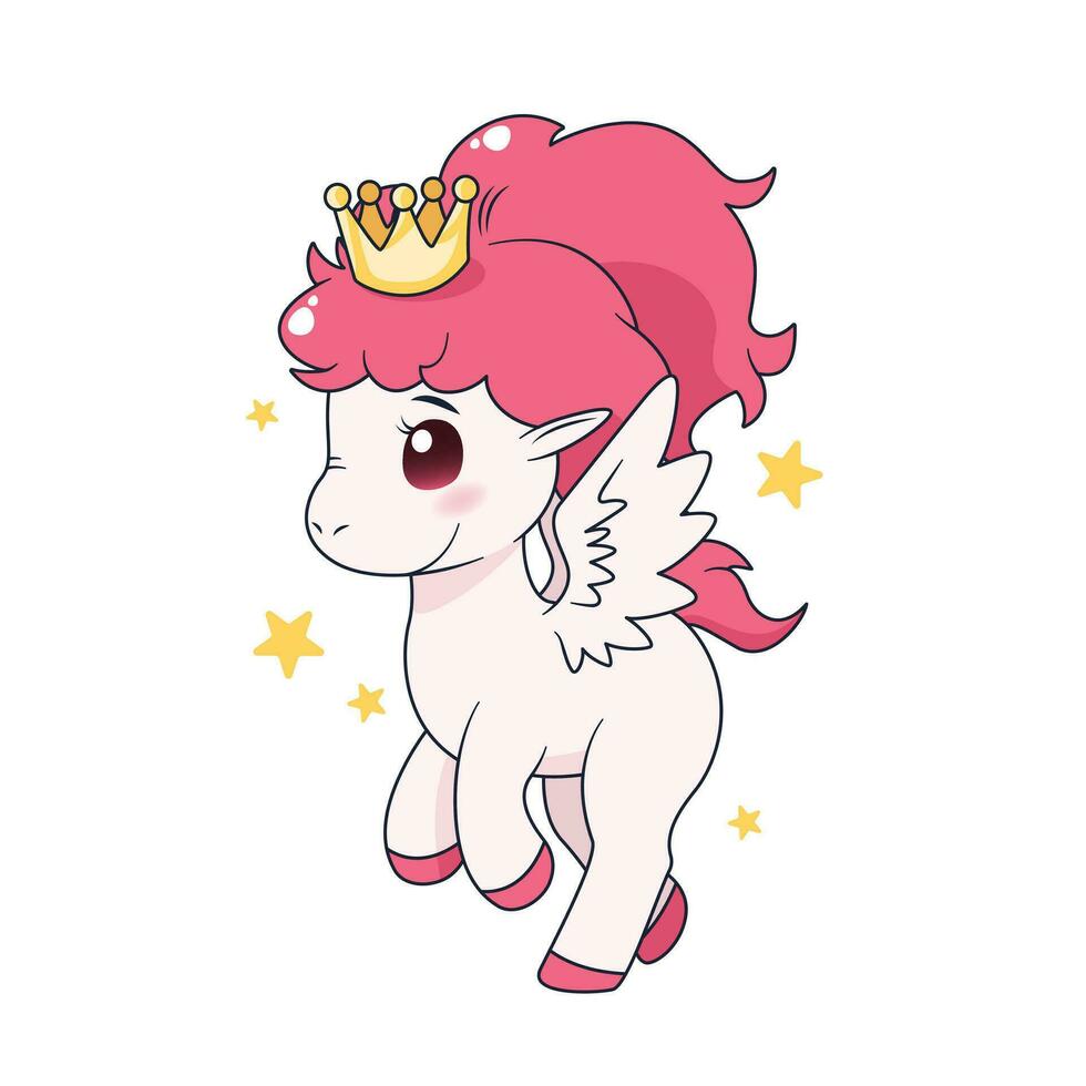 Cute cartoon pony with wings, crown and stars. isolated vector illustration with magic animal on white background. Flat art for print, posters, covers and etc.