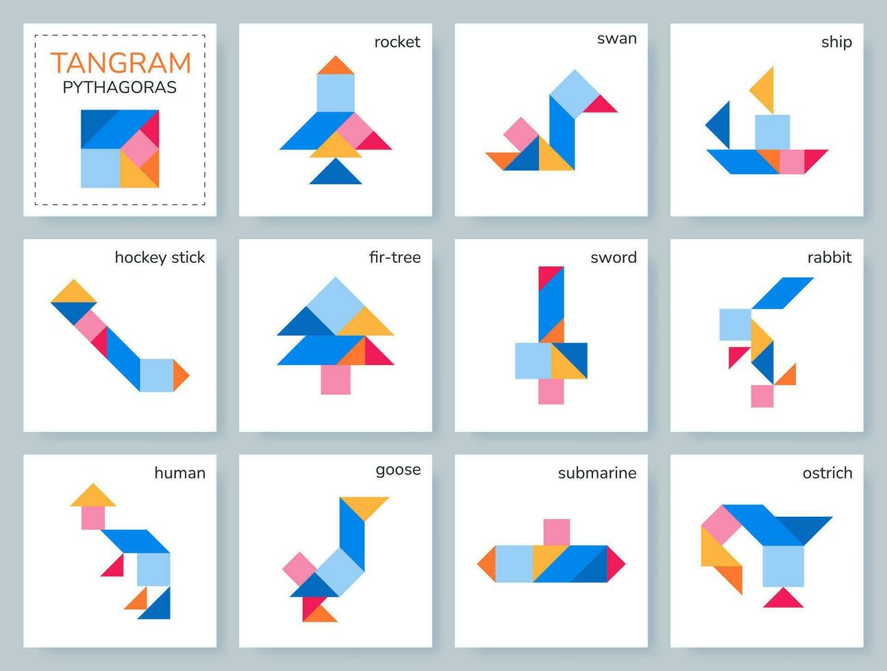 Tangram puzzle game for kids. Colorful geometric collection with isolated objects. Pythagoras. Various icons on white backdrop. Vector illustrations.