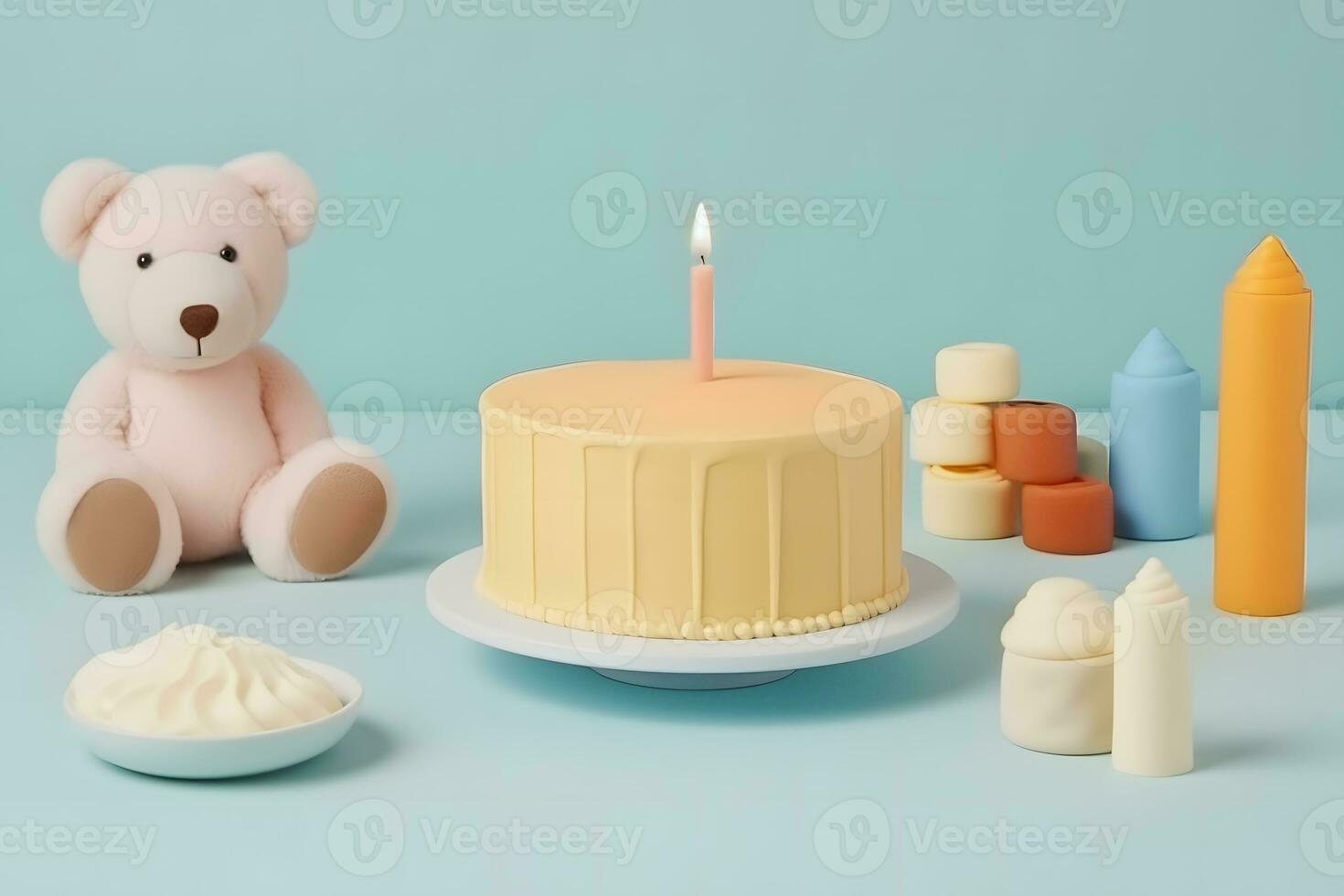 AI generated Teddy bear wearing birthday hat and a birthday cake. Neural network AI generated photo