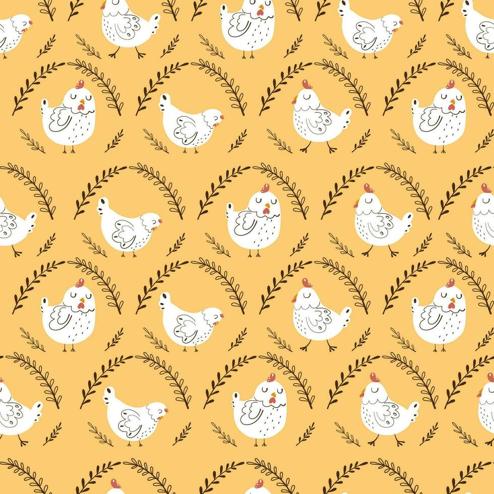 sin costura modelo con gallinas infantil mano dibujado plano dibujos animados vector ilustración.