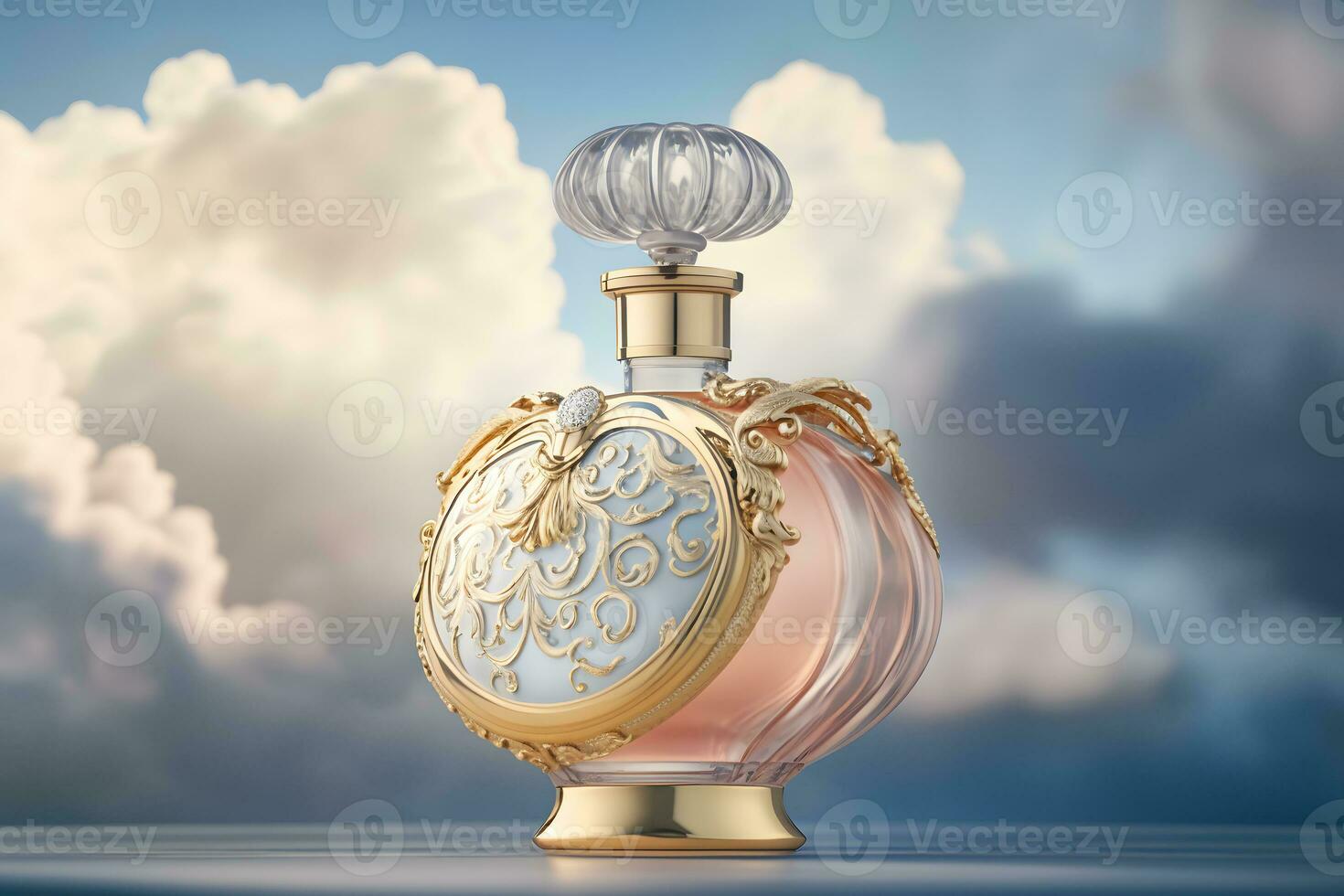 AI generated beautiful perfume bottle against the background of the sky and clouds. Neural network AI generated art photo