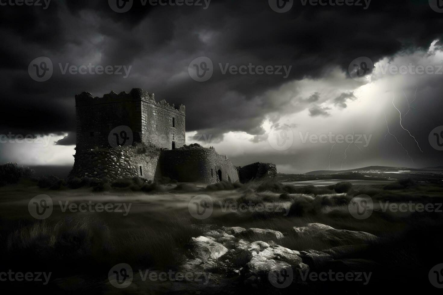 AI generated Landscape with old castle at night. Neural network AI generated photo