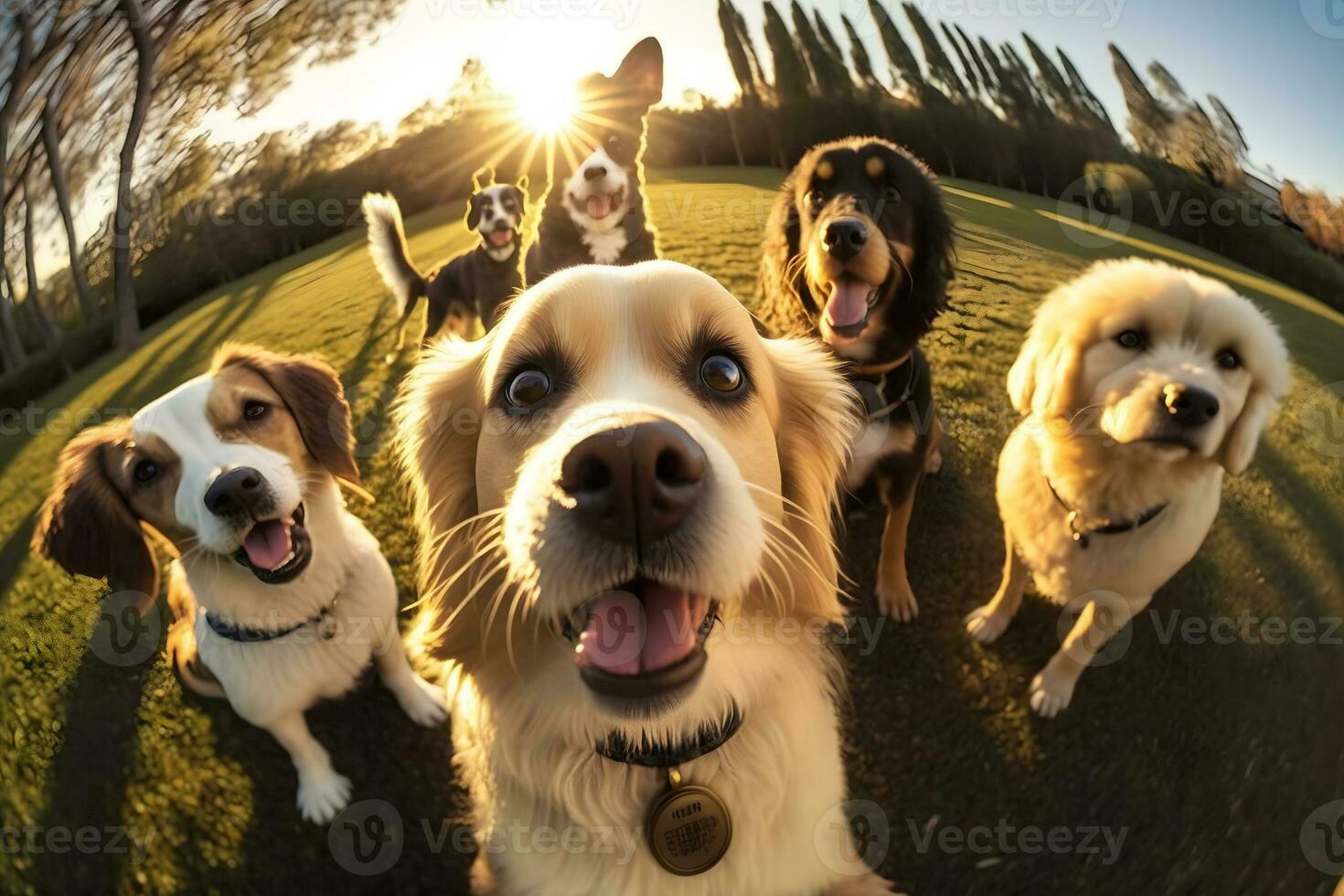 ai generado linda beagle mirando a el cámara mientras tomando un selfie con otro beagle y un doguillo. neural red ai generado foto