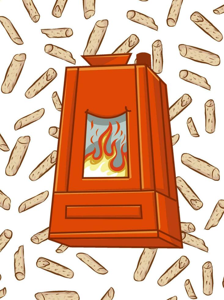 Wood pellett stove cartoon, on pellet elements background. vector illustration