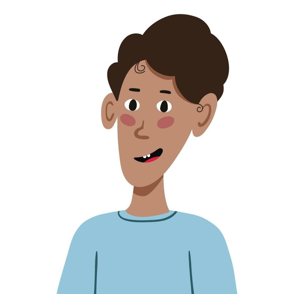 Boy avatar. Portrait of a cute, smiley brunette kid boy. Avatar face of a schoolboy. Vector children's head Illustration isolated on a white background. Cartoon character.