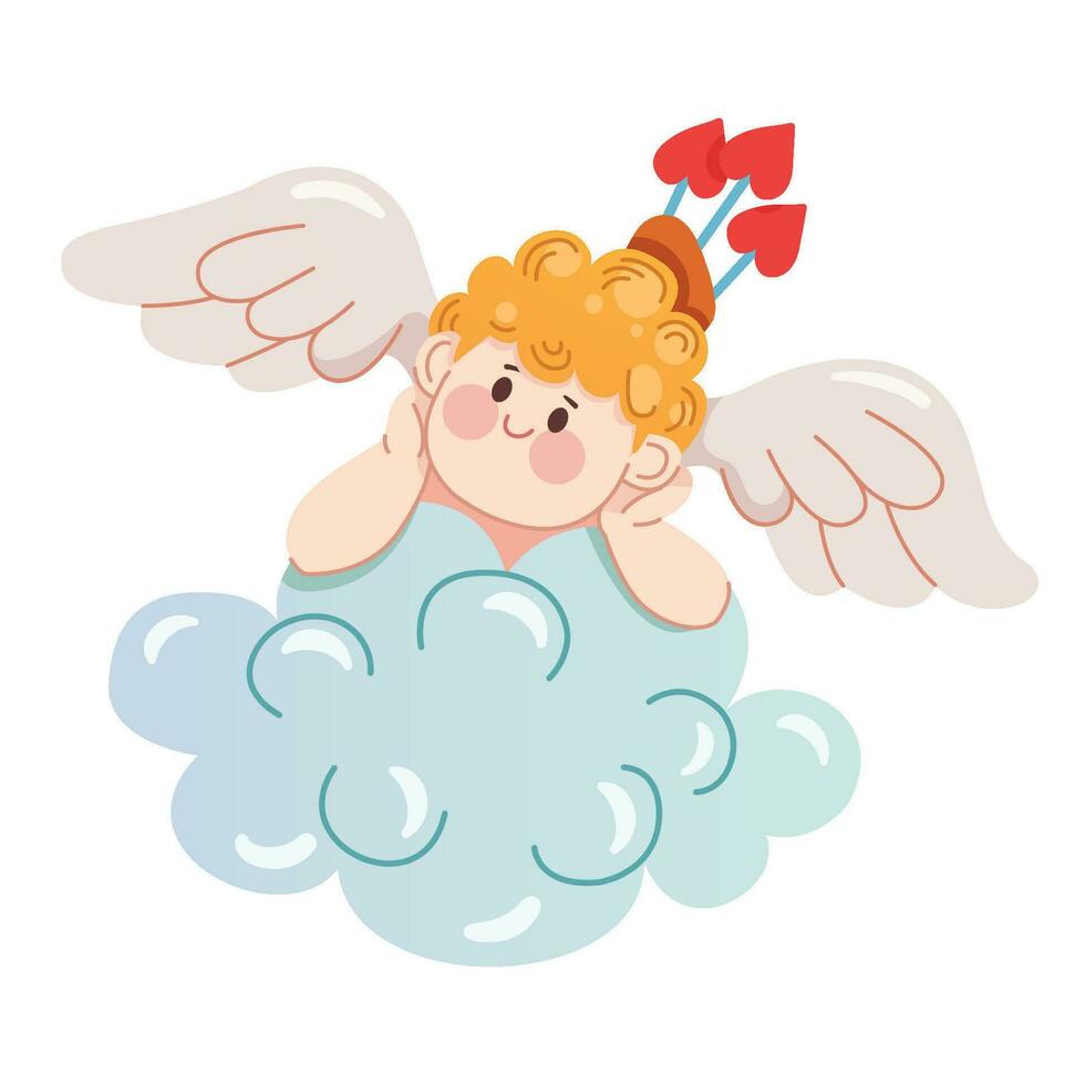 Cute baby Cupid on a cloud. Funny little amur, an angel with wings and love arrows. Happy Valentine's Day character for greeting cards, banners, and web design. Flat vector illustration.